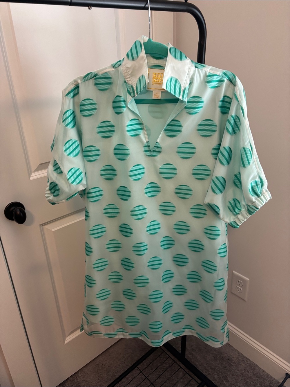 Mint Green Polka-Print Midi Dress with V-Neck